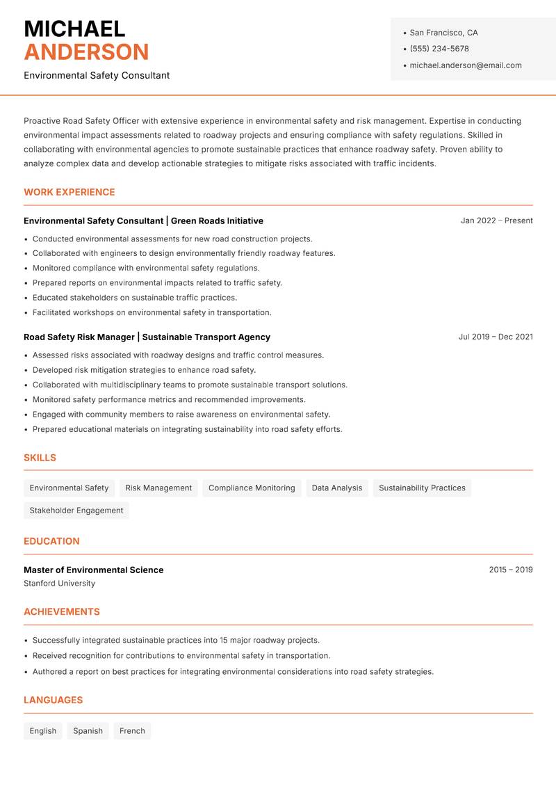 Road Safety Officer resume sample — Environmental Safety Consultant focus