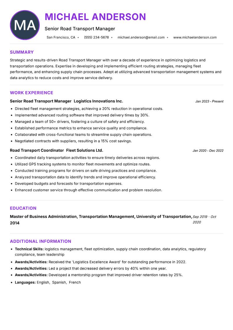Road Transport Manager resume example
