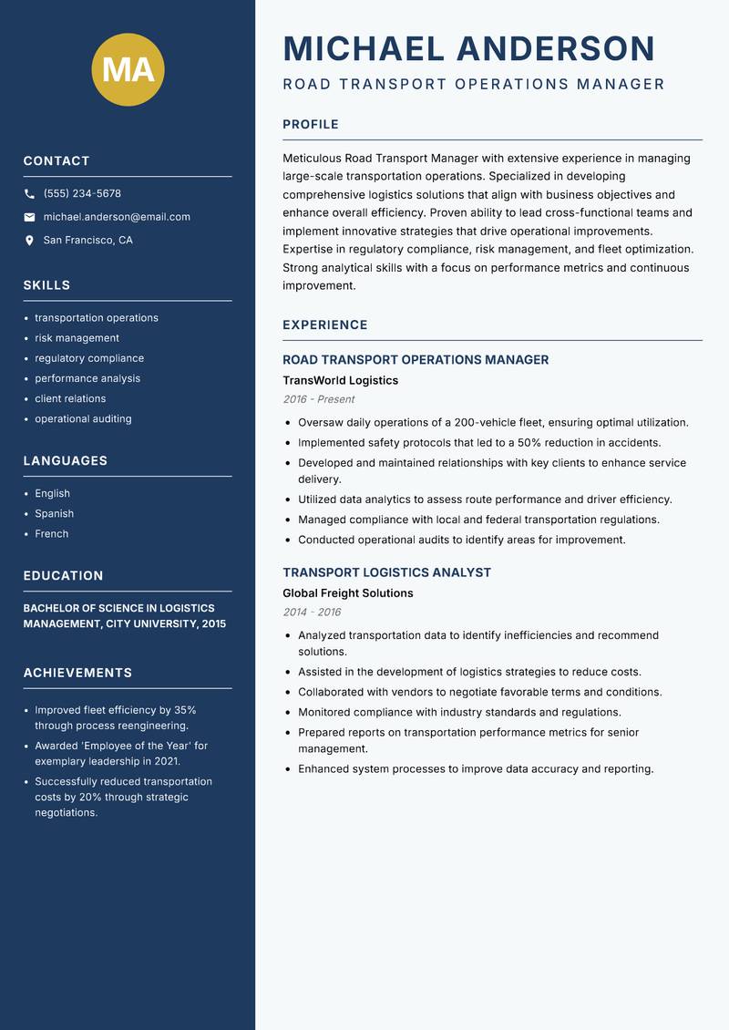 Road Transport Manager resume sample — Road Transport Operations Manager focus