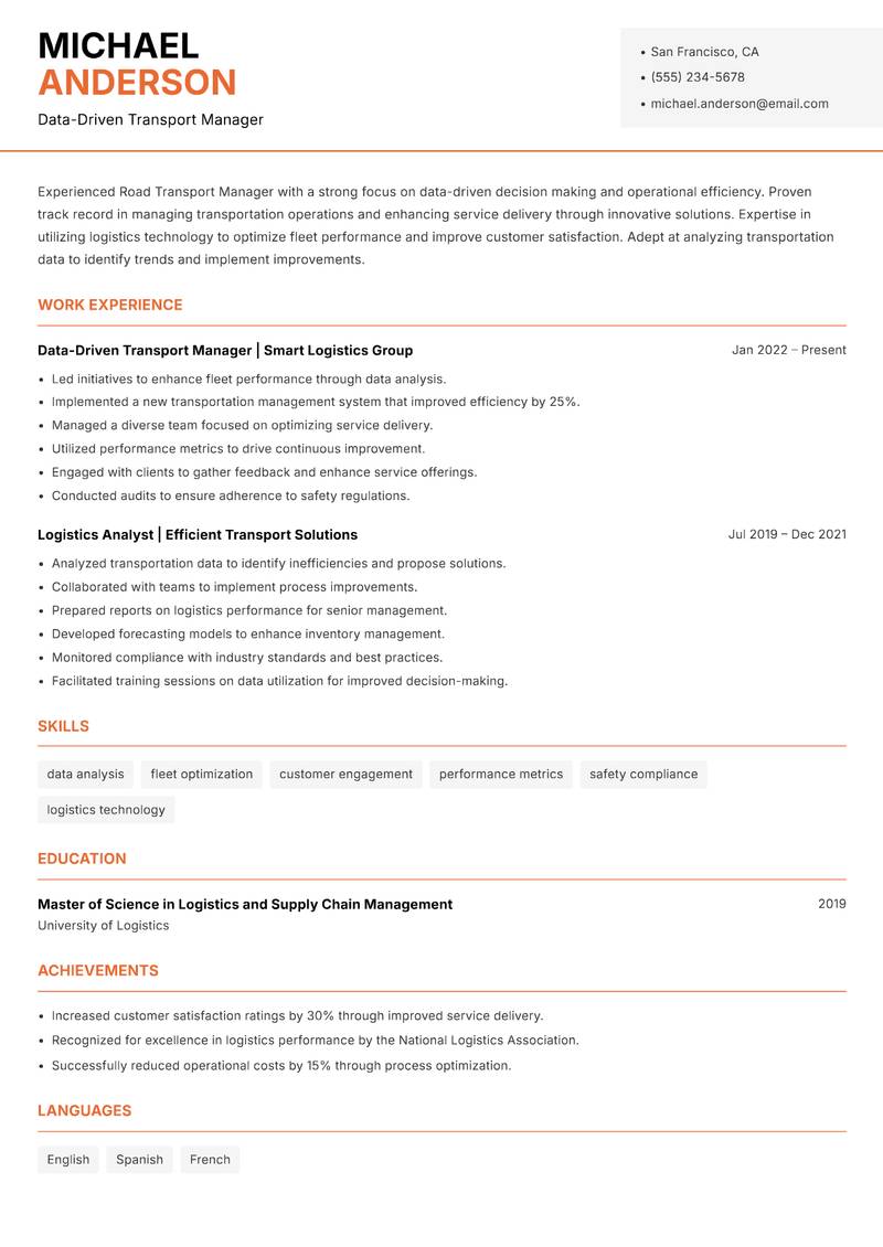Road Transport Manager resume sample — Data-Driven Transport Manager focus