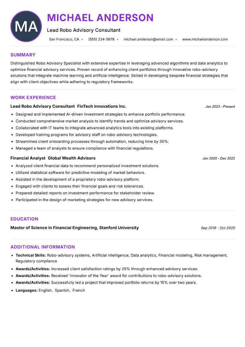 Robo Advisory Specialist resume example