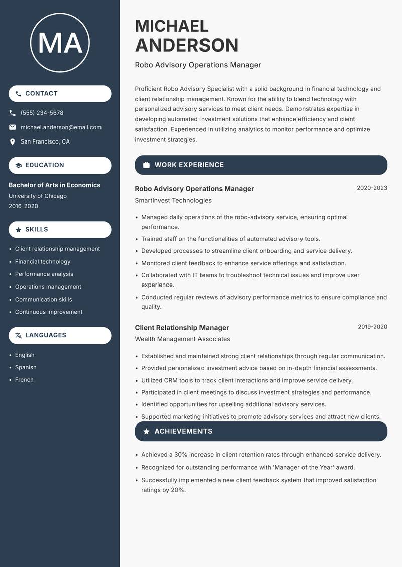 Robo Advisory Specialist resume sample — Robo Advisory Operations Manager focus