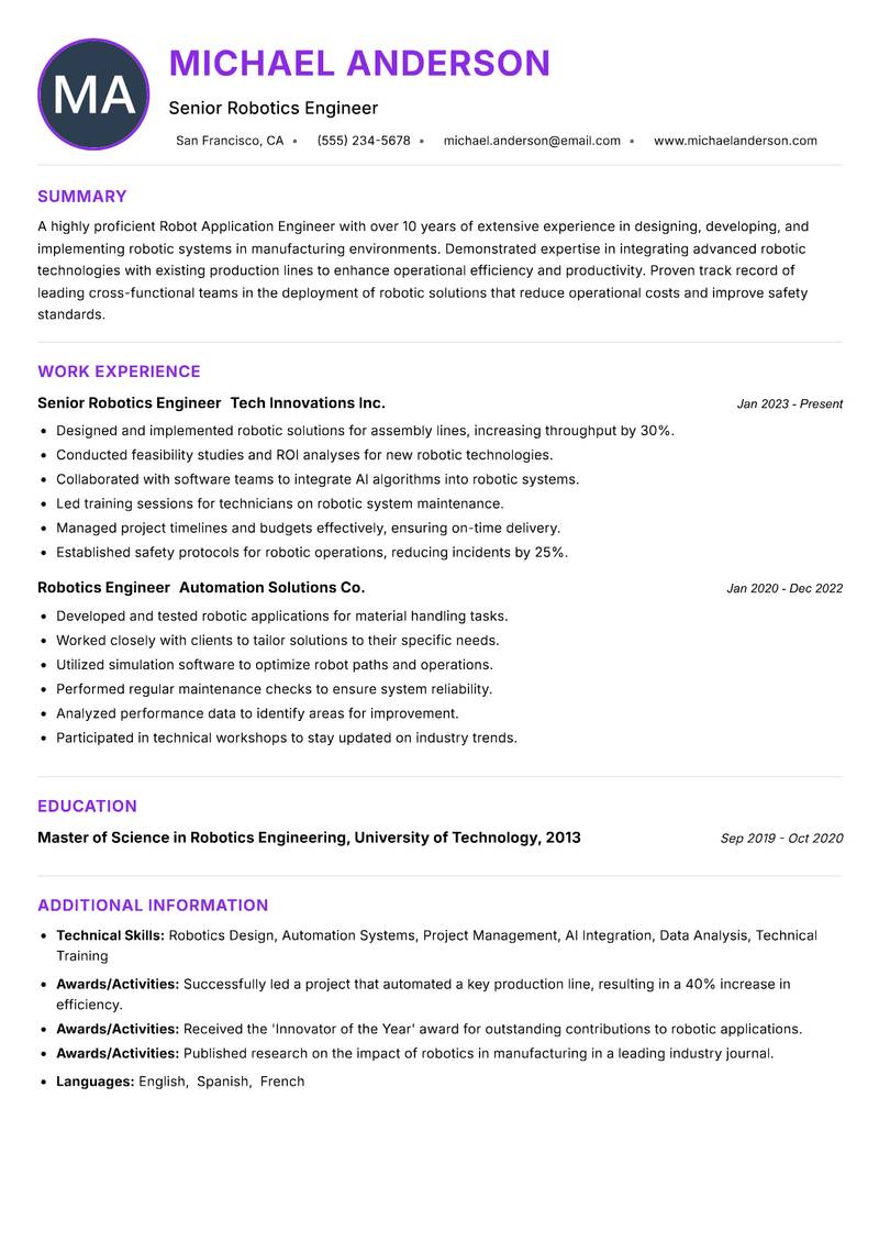 Robot Application Engineer resume example