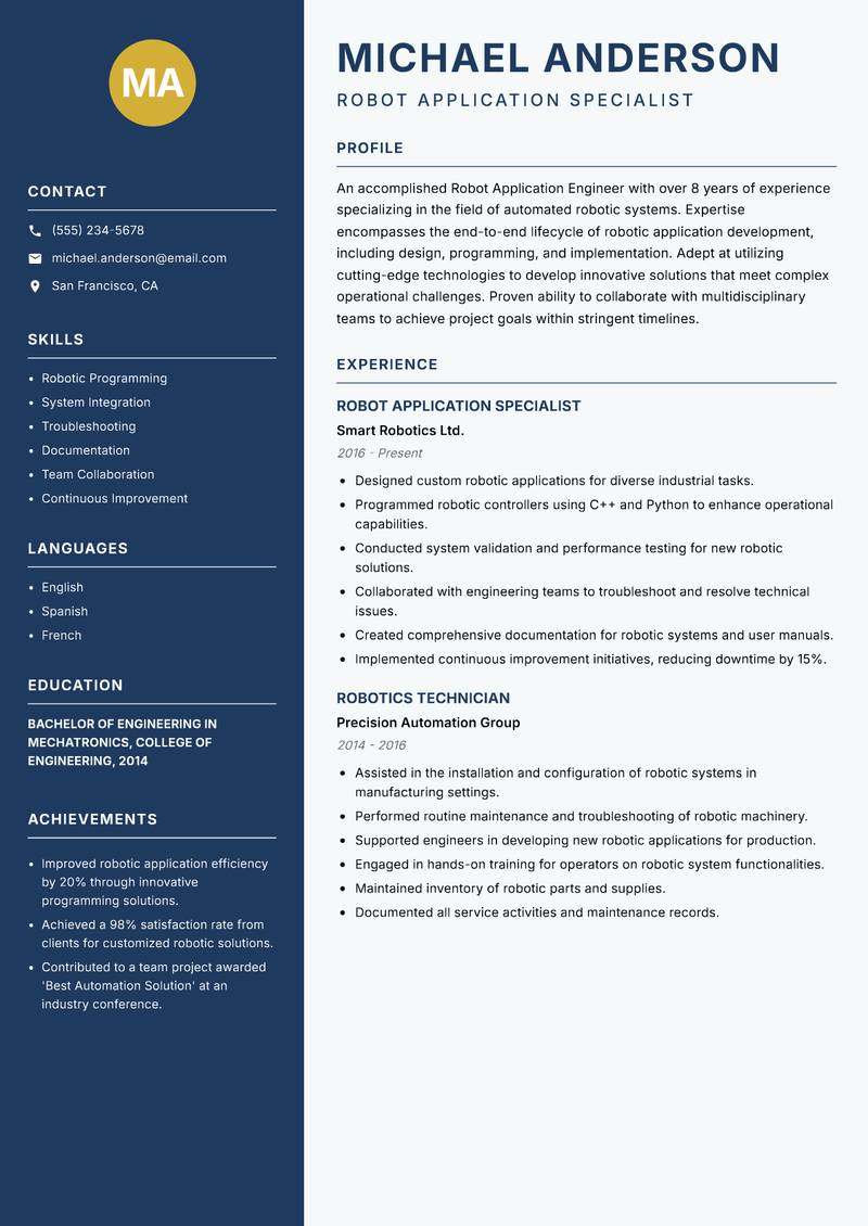 Robot Application Engineer resume sample — Robot Application Specialist focus