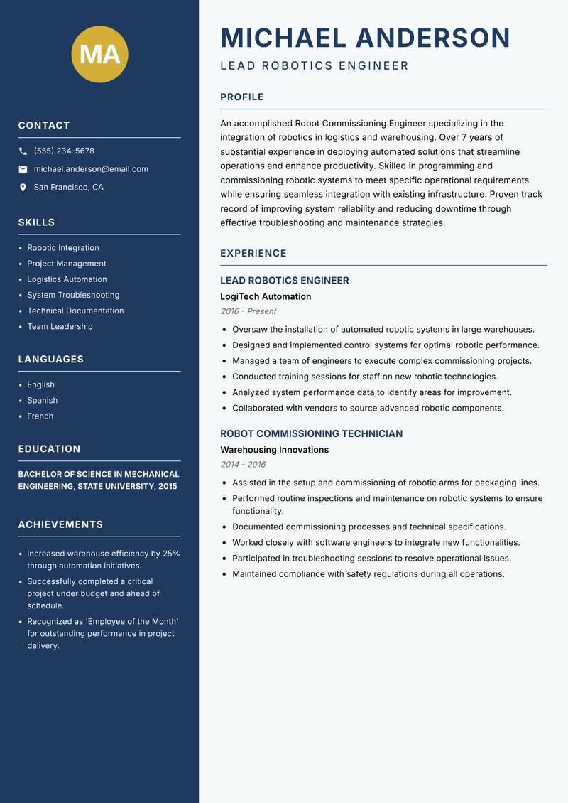 Robot Commissioning Engineer resume sample — Lead Robotics Engineer focus