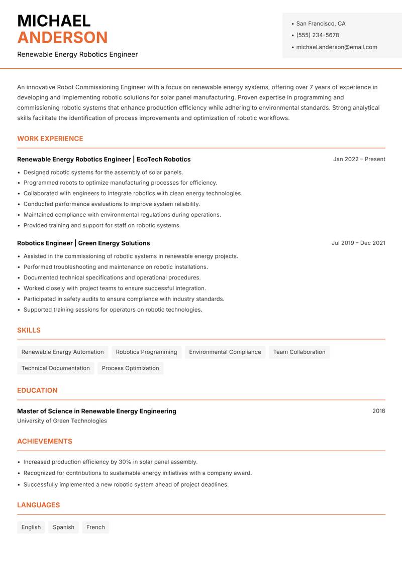 Robot Commissioning Engineer resume sample — Renewable Energy Robotics Engineer focus
