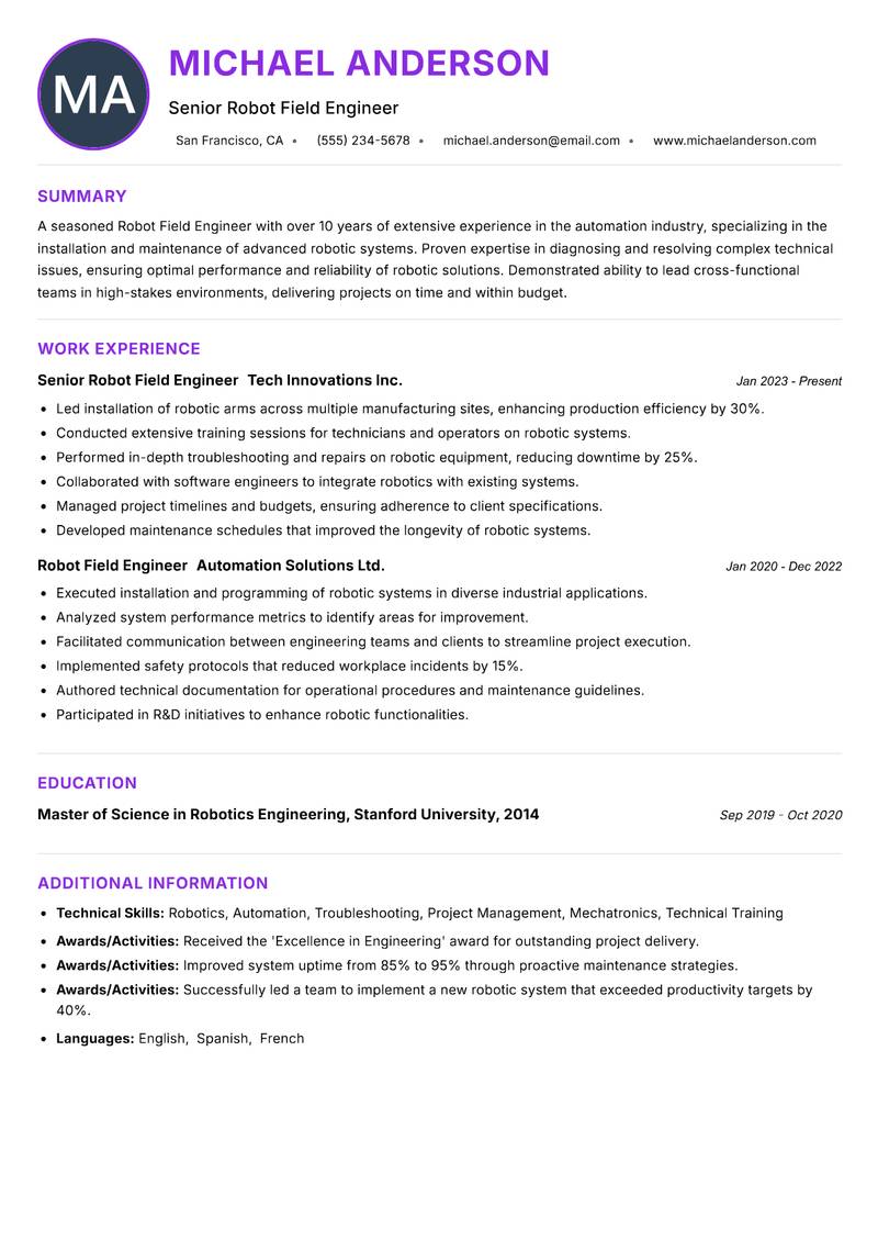 Robot Field Engineer resume example