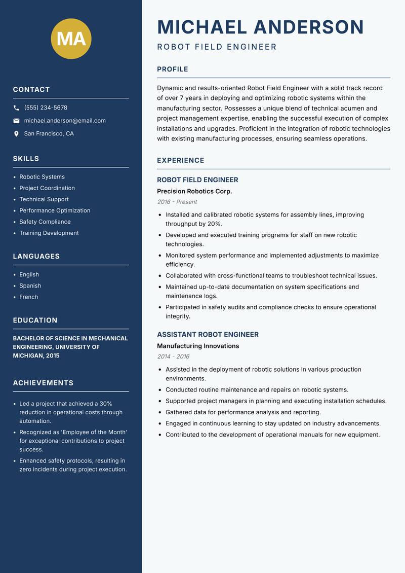 Robot Field Engineer resume sample — Robot Field Engineer focus