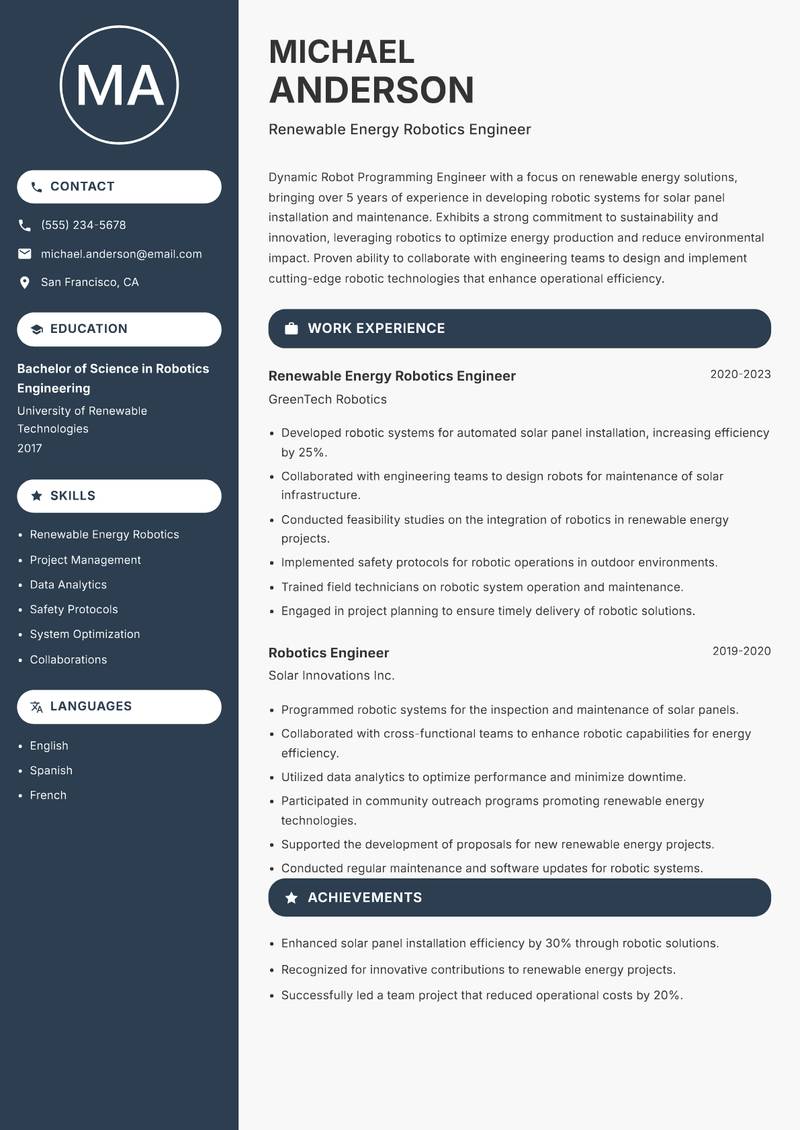 Robot Programming Engineer resume sample — Renewable Energy Robotics Engineer focus