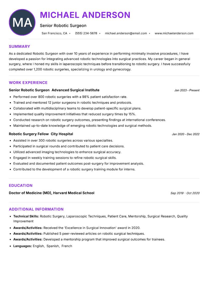 Robotic Surgeon resume example
