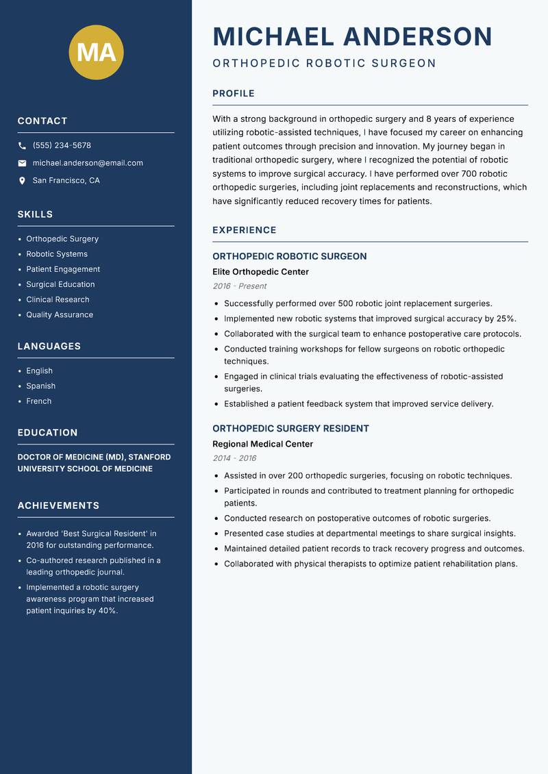 Robotic Surgeon resume sample — Orthopedic Robotic Surgeon focus