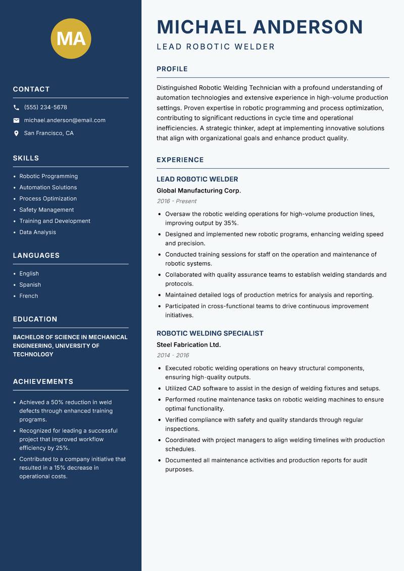 Robotic Welding Technician resume sample — Lead Robotic Welder focus