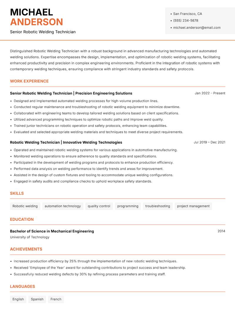 Robotic Welding Technician resume sample — Senior Robotic Welding Technician focus