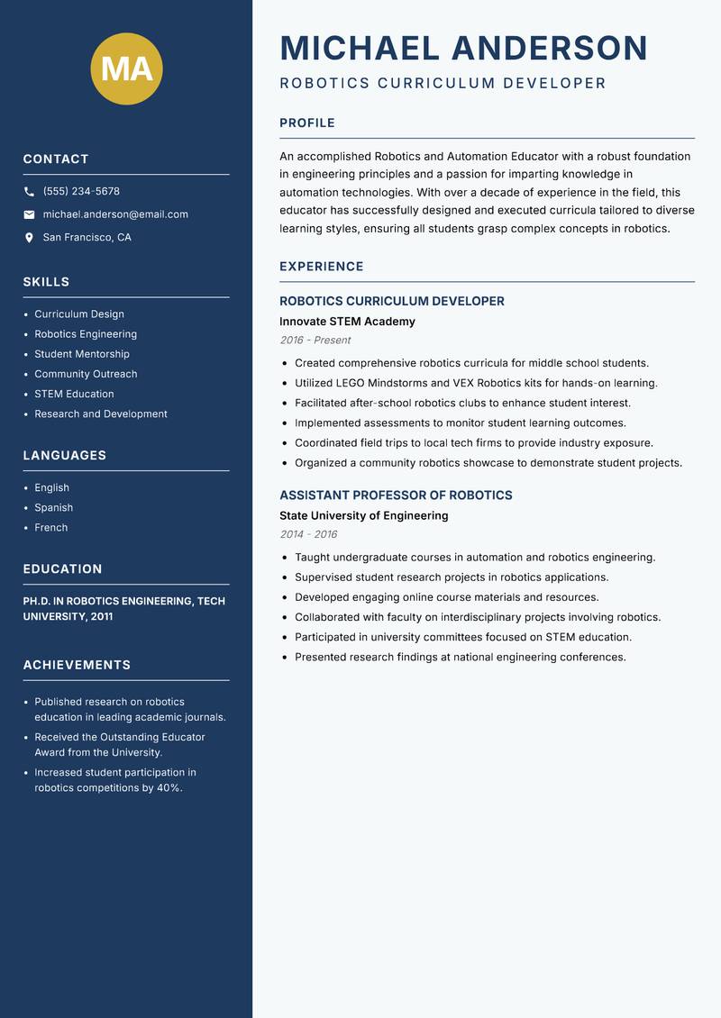 Robotics and Automation Educator resume sample — Robotics Curriculum Developer focus