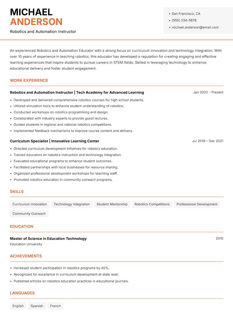 Robotics and Automation Educator resume sample — Robotics and Automation Instructor focus