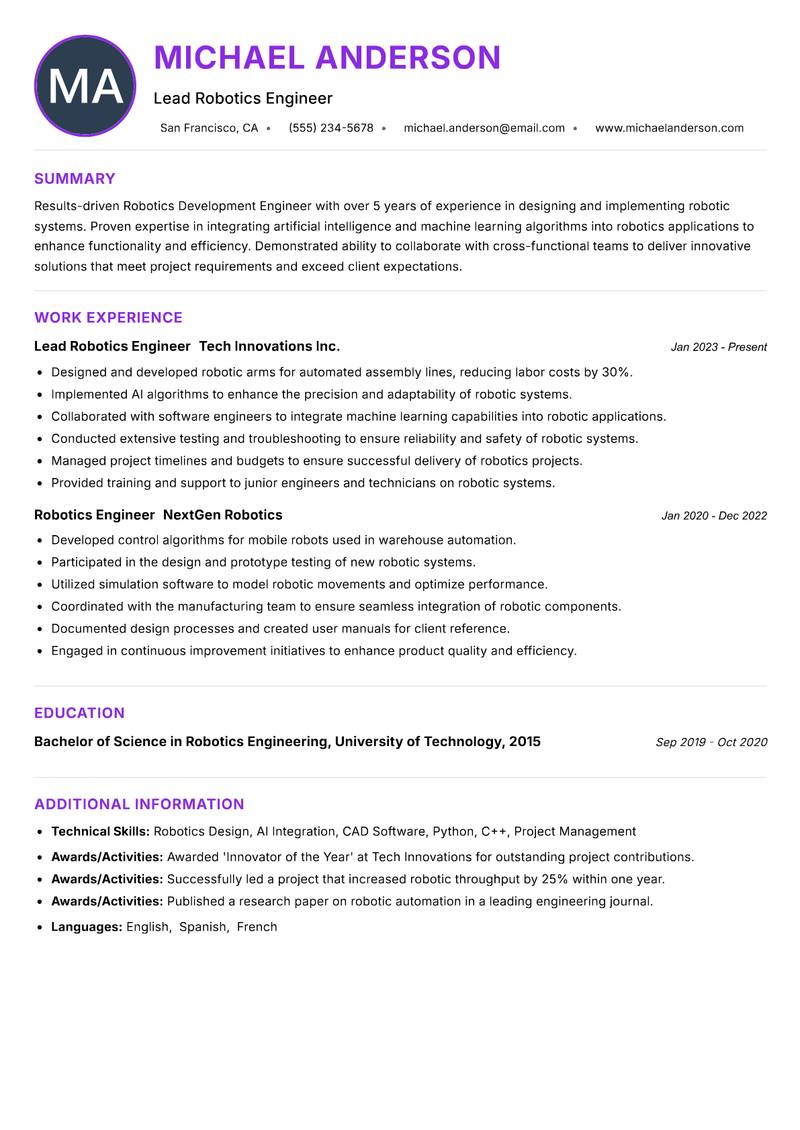 Robotics Development Engineer resume example