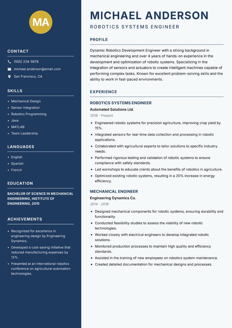 Robotics Development Engineer resume sample — Robotics Systems Engineer focus