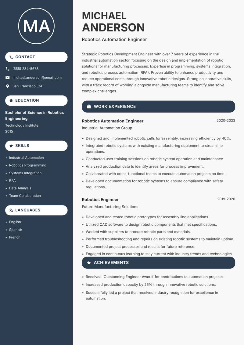 Robotics Development Engineer resume sample — Robotics Automation Engineer focus
