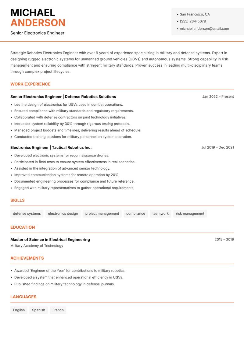 Robotics Electronics Engineer resume sample — Senior Electronics Engineer focus