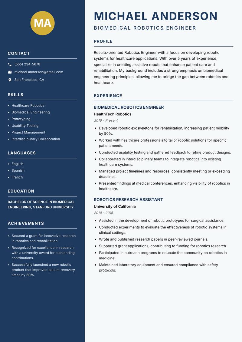 Robotics Engineer resume sample — Biomedical Robotics Engineer focus