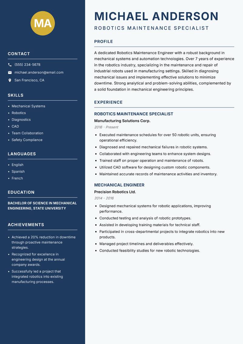 Robotics Maintenance Engineer resume sample — Robotics Maintenance Specialist focus