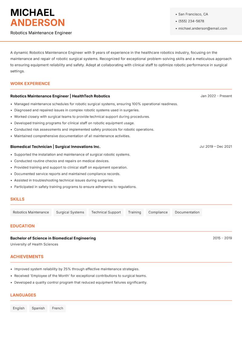 Robotics Maintenance Engineer resume sample — Robotics Maintenance Engineer focus