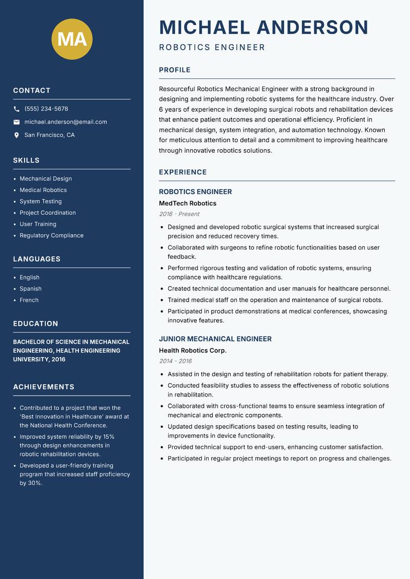 Robotics Mechanical Engineer resume sample — Robotics Engineer focus