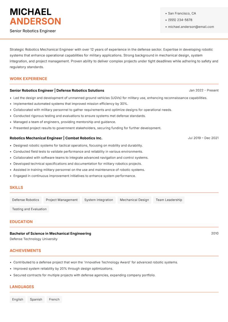 Robotics Mechanical Engineer resume sample — Senior Robotics Engineer focus