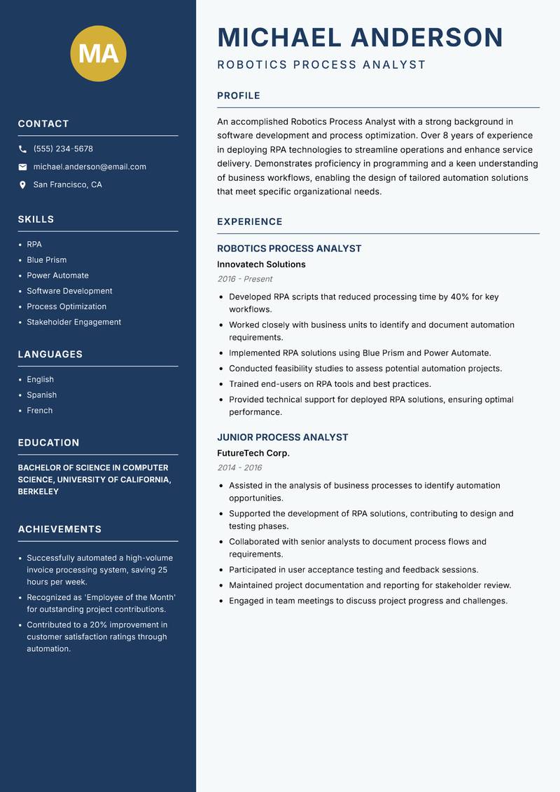 Robotics Process Analyst resume sample — Robotics Process Analyst focus