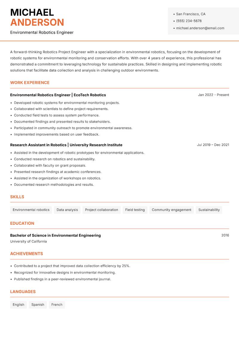 Robotics Project Engineer resume sample — Environmental Robotics Engineer focus
