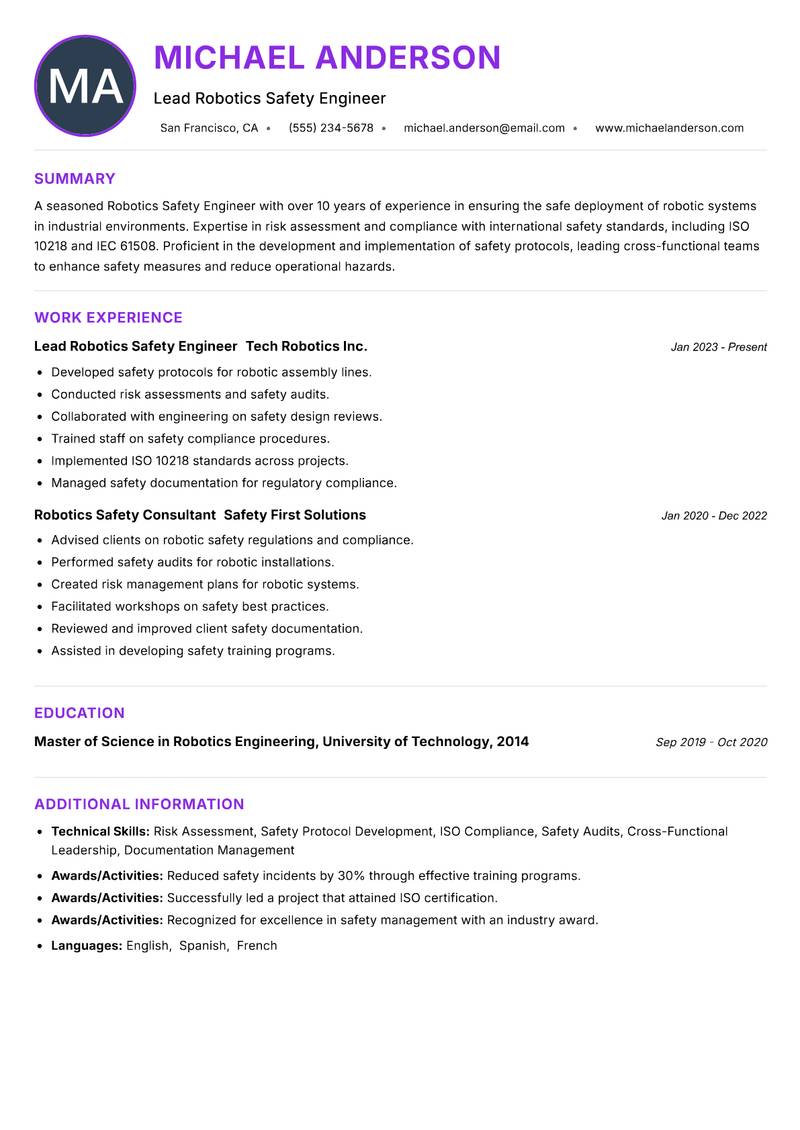 Robotics Safety Engineer resume example