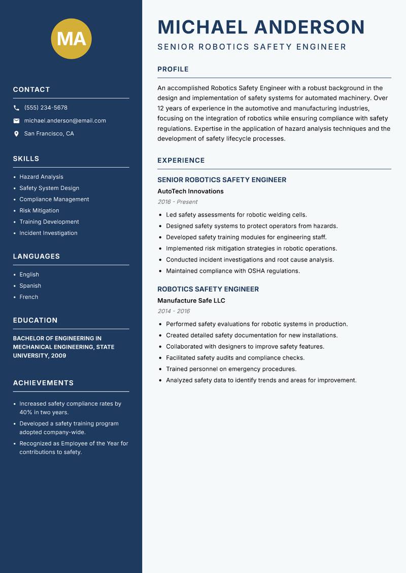 Robotics Safety Engineer resume sample — Senior Robotics Safety Engineer focus