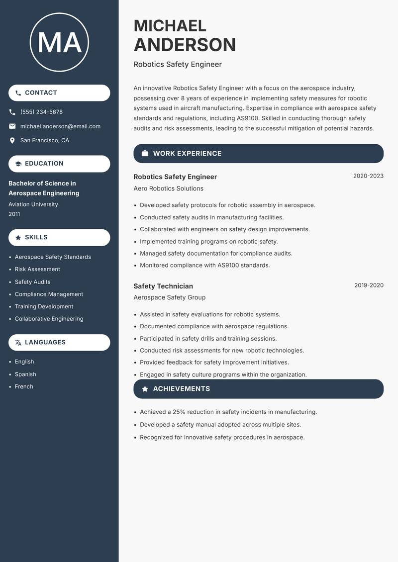 Robotics Safety Engineer resume sample — Robotics Safety Engineer focus