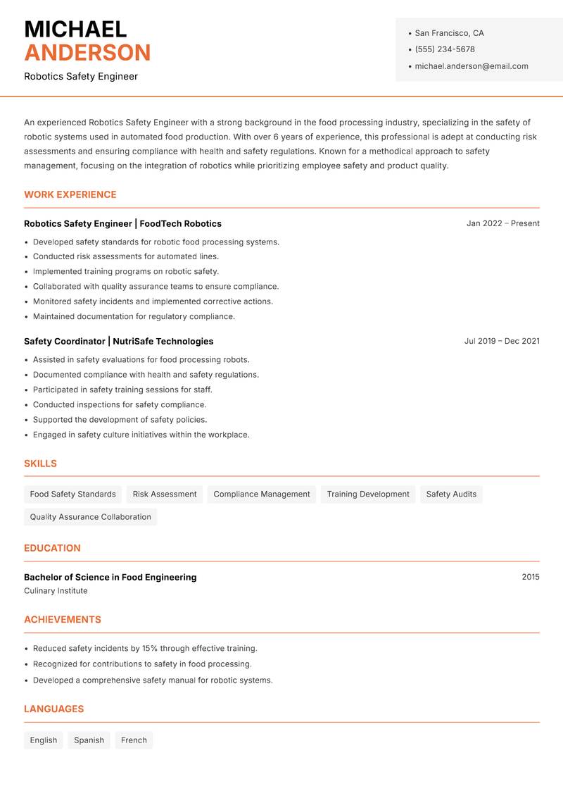 Robotics Safety Engineer resume sample — Robotics Safety Engineer focus