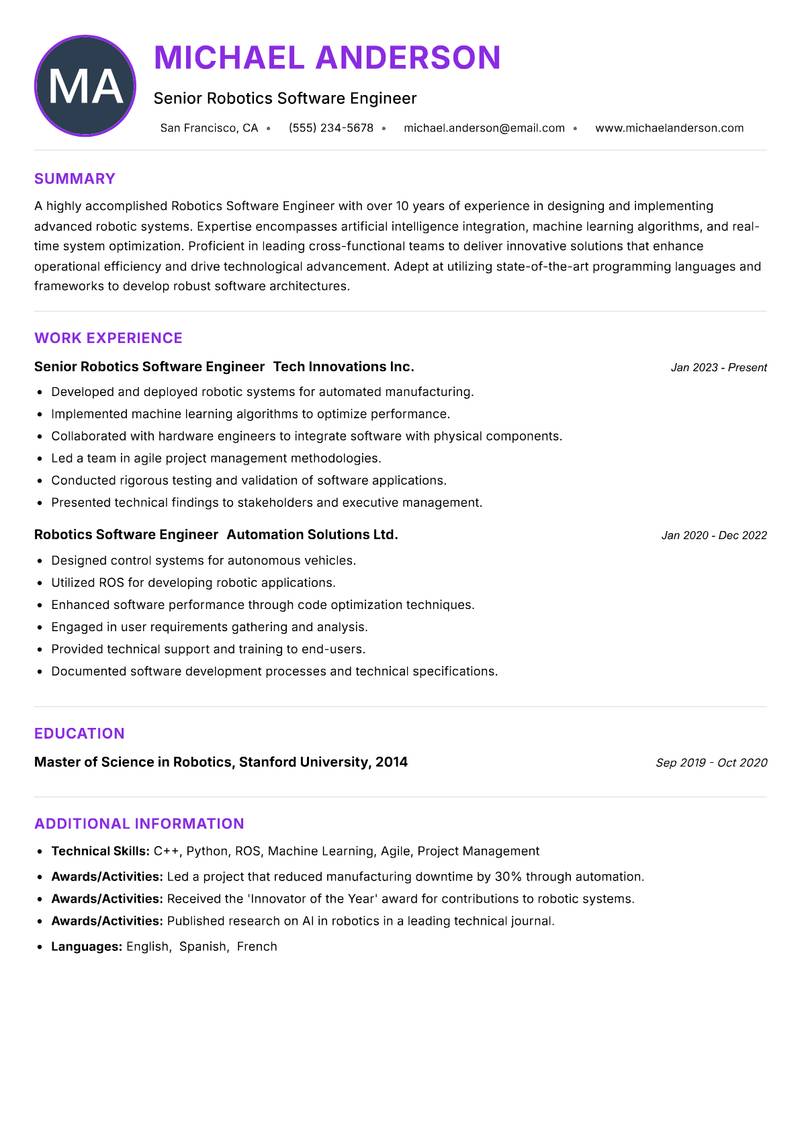 Robotics Software Engineer resume example