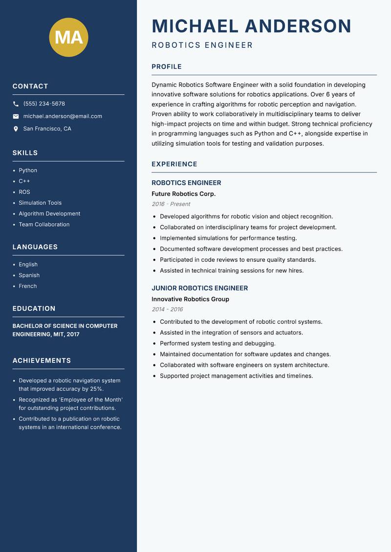 Robotics Software Engineer resume sample — Robotics Engineer focus