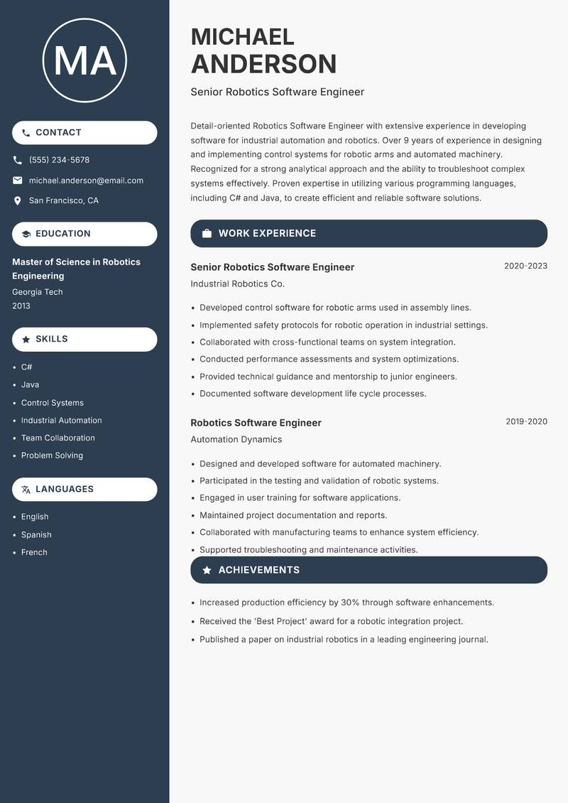 Robotics Software Engineer resume sample — Senior Robotics Software Engineer focus