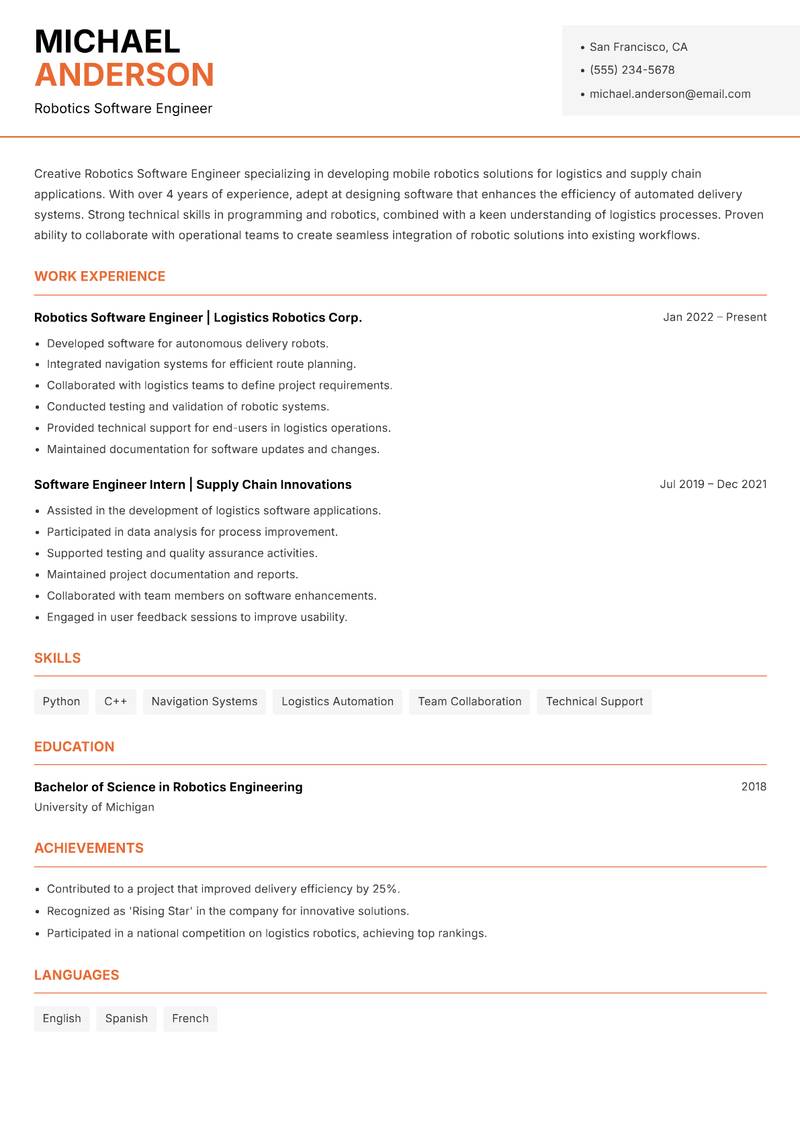 Robotics Software Engineer resume sample — Robotics Software Engineer focus