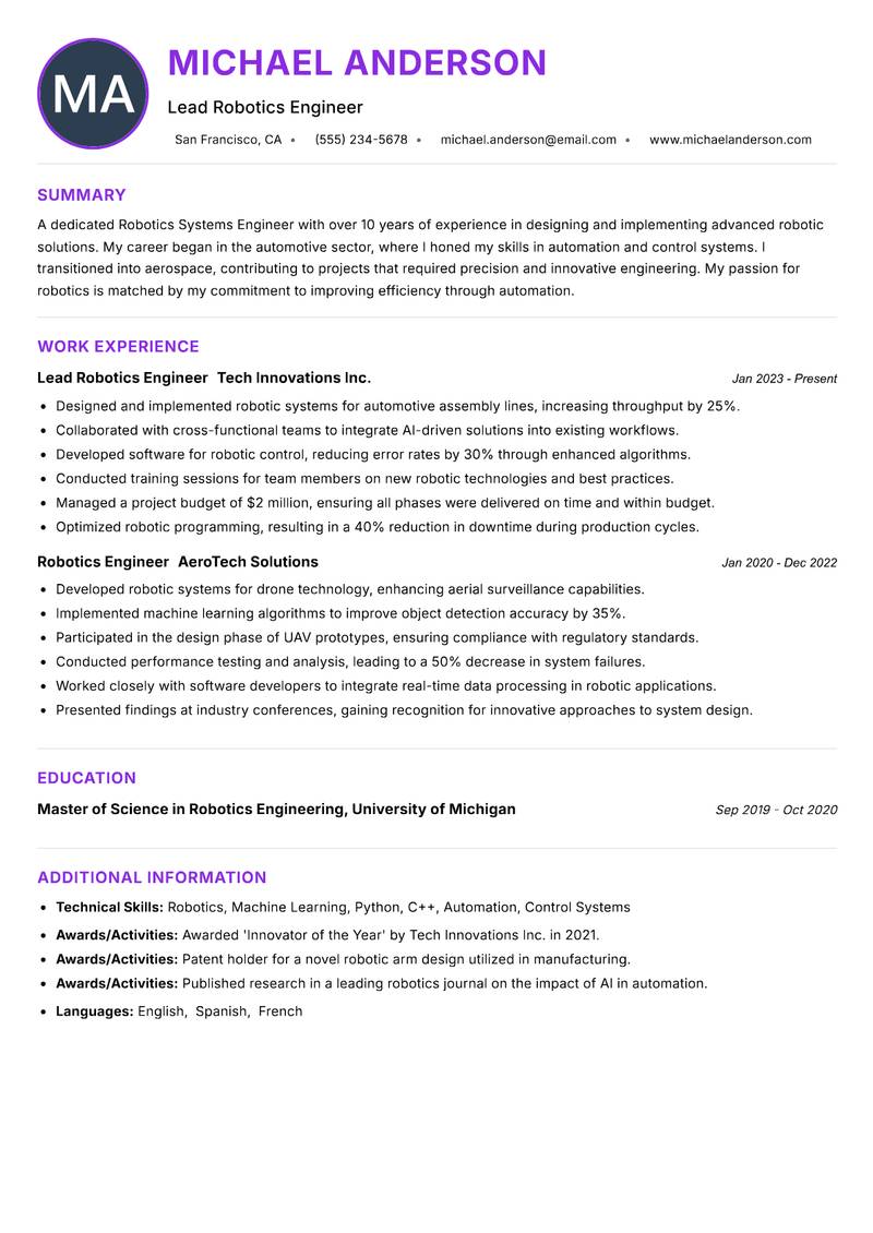 Robotics Systems Engineer resume example