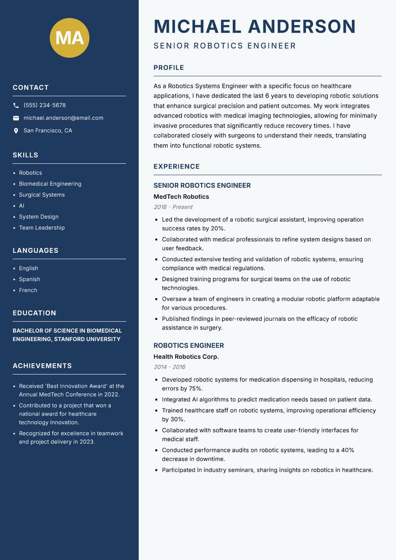 Robotics Systems Engineer resume sample — Senior Robotics Engineer focus