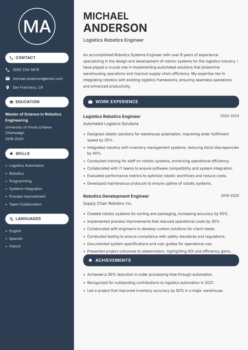 Robotics Systems Engineer resume sample — Logistics Robotics Engineer focus