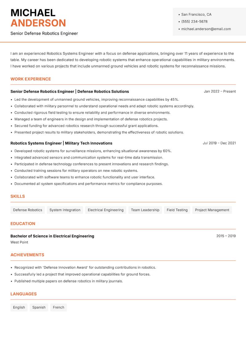 Robotics Systems Engineer resume sample — Senior Defense Robotics Engineer focus