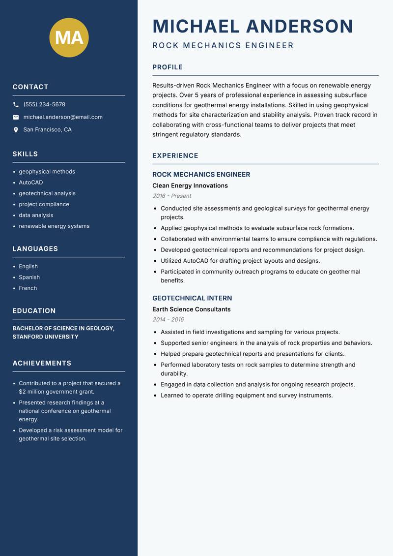 Rock Mechanics Engineer resume sample — Rock Mechanics Engineer focus