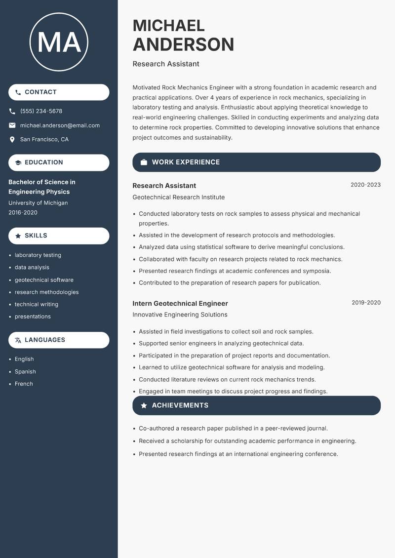 Rock Mechanics Engineer resume sample — Research Assistant focus