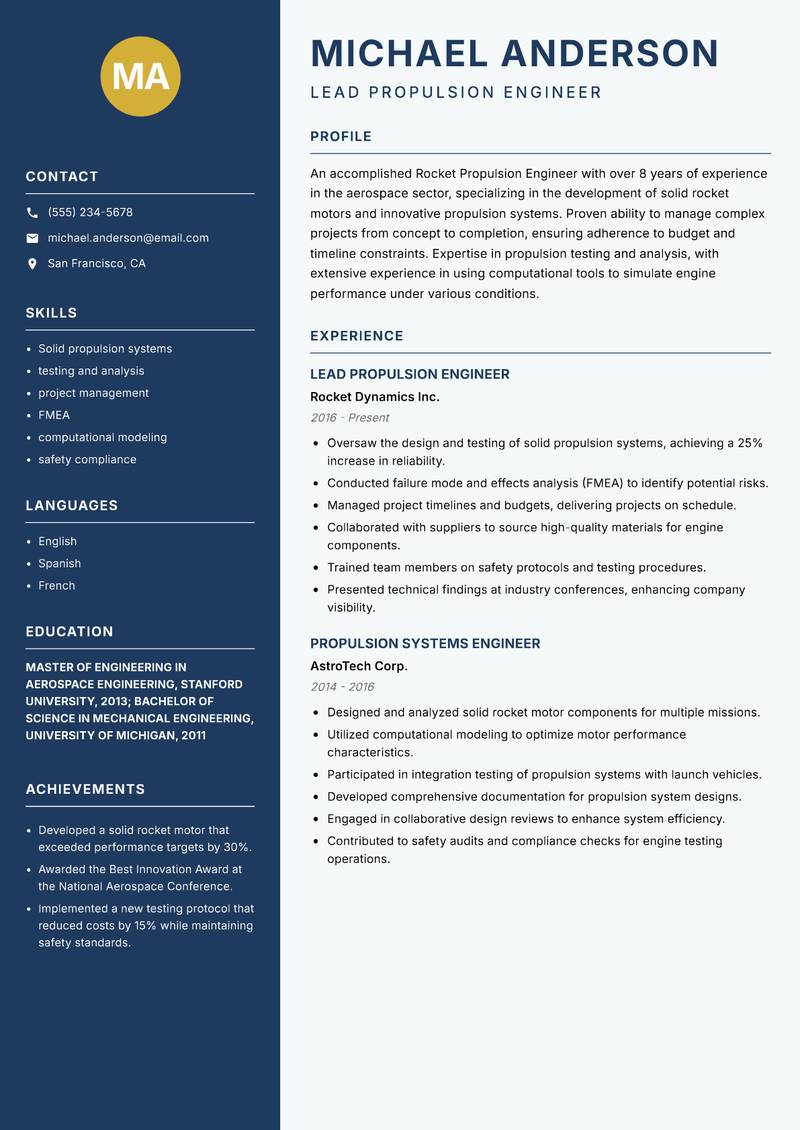 Rocket Propulsion Engineer resume sample — Lead Propulsion Engineer focus