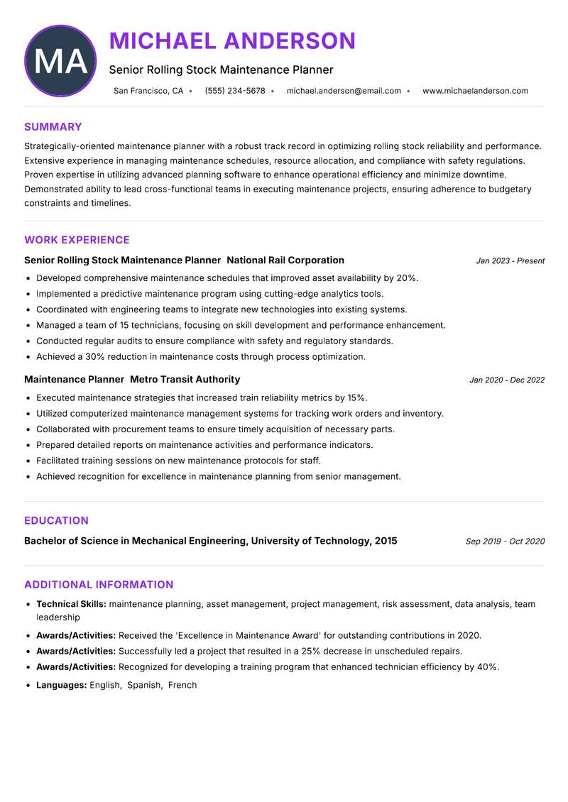 Rolling Stock Maintenance Planner resume example