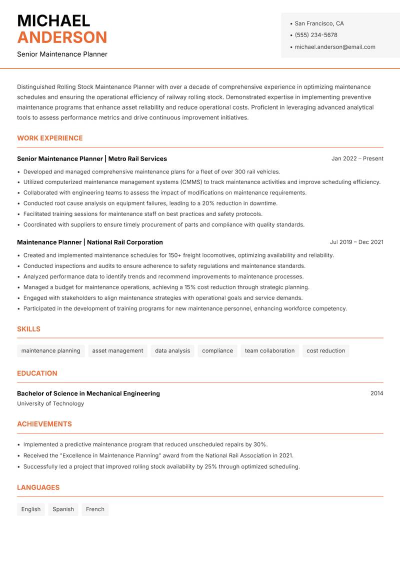 Rolling Stock Maintenance Planner resume sample — Senior Maintenance Planner focus