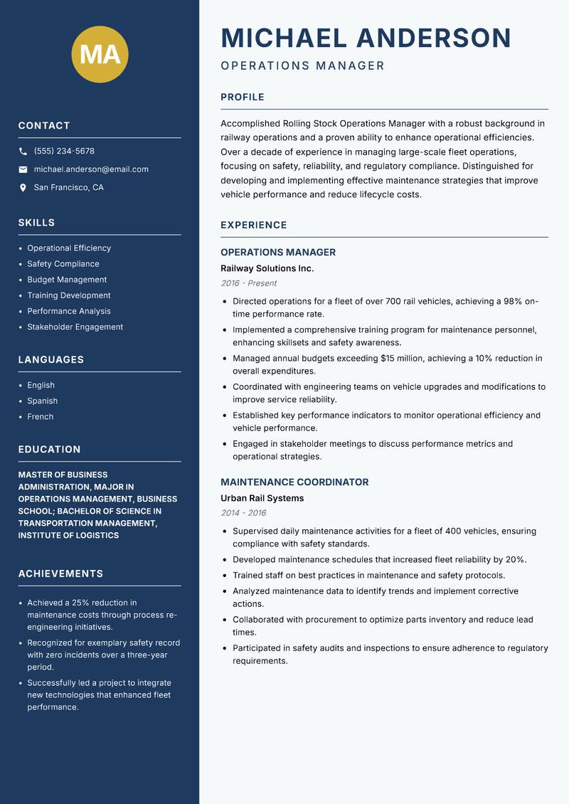 Rolling Stock Operations Manager resume sample — Operations Manager focus