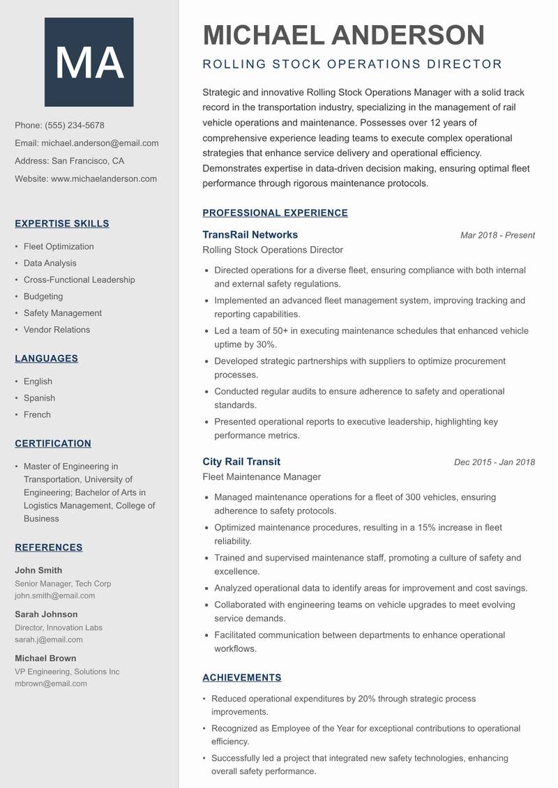 Rolling Stock Operations Manager resume sample — Rolling Stock Operations Director focus