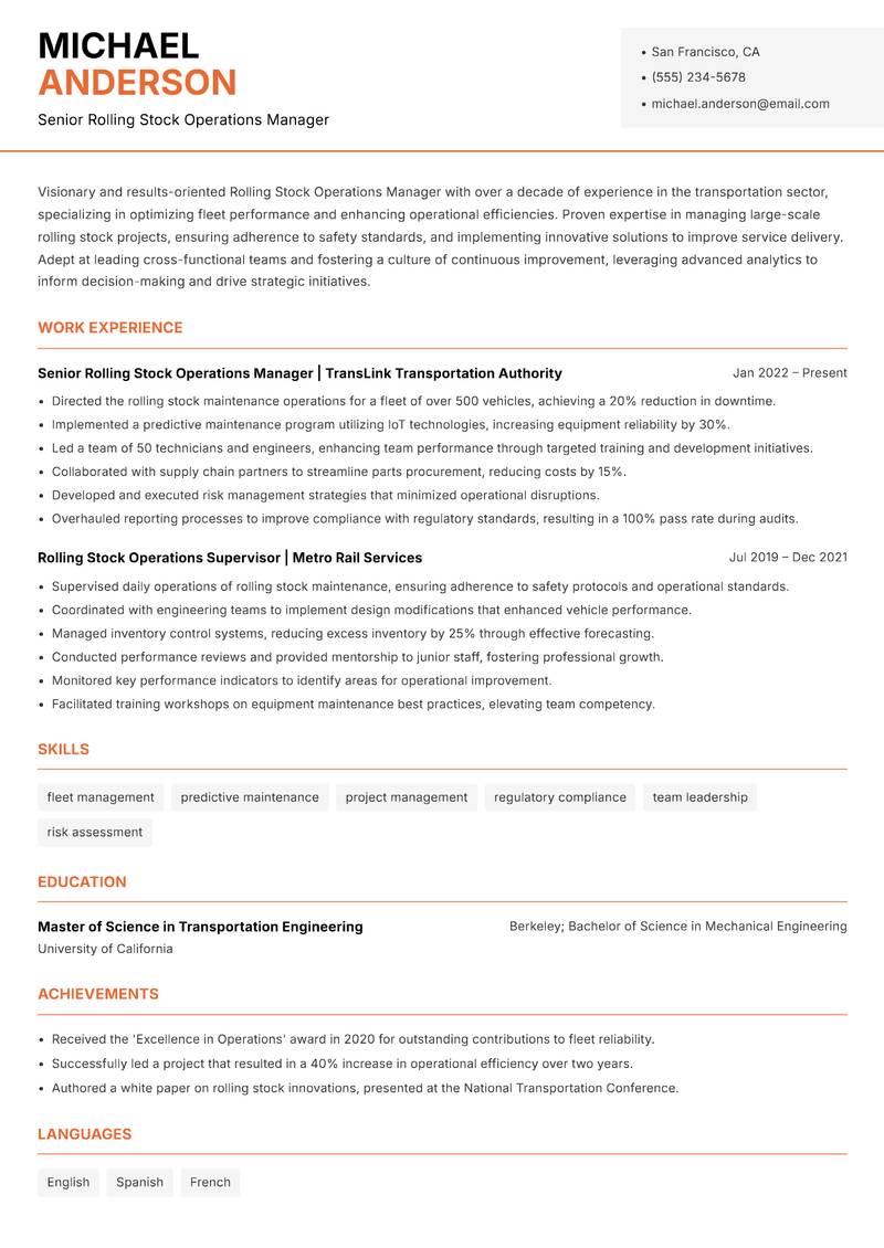 Rolling Stock Operations Manager resume sample — Senior Rolling Stock Operations Manager focus